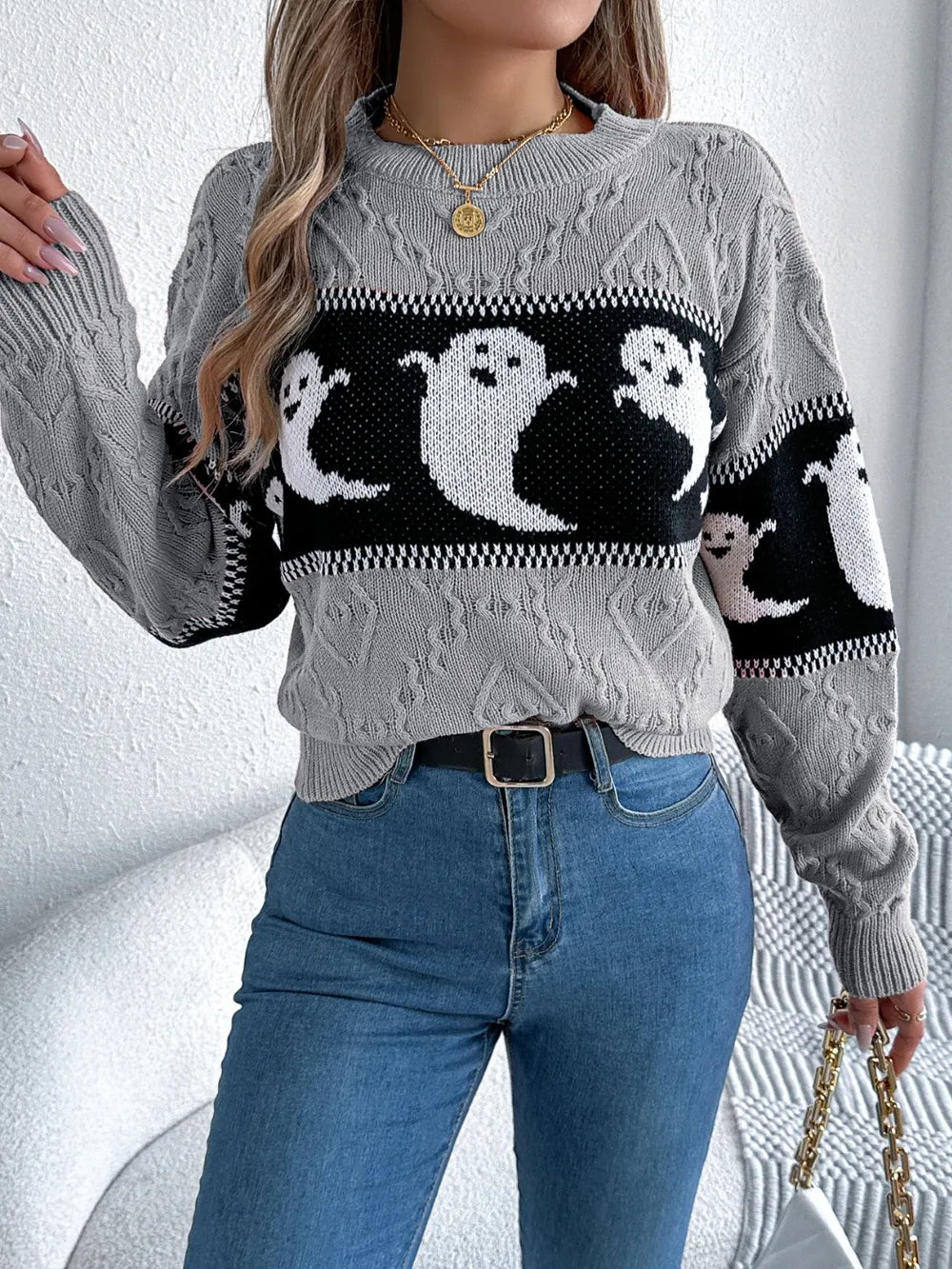 Soft halloweknite sweater for women | Sweater with patterns of dessins animes mignons -9