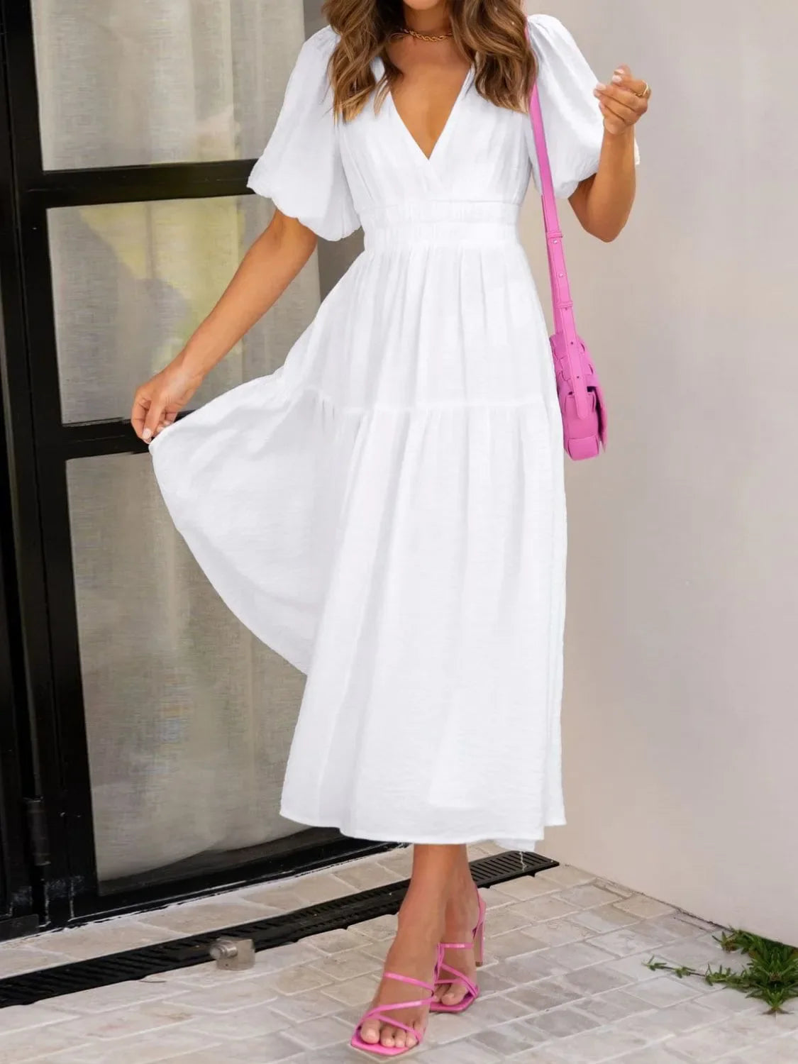 Maxi gathered autumn short-sleeve V-neck dress for women -7