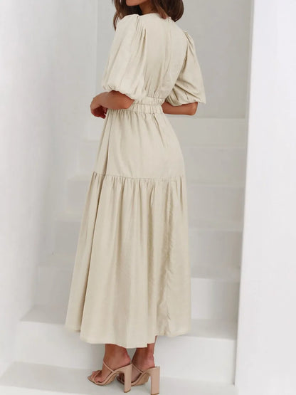 Maxi gathered autumn short-sleeve V-neck dress for women -13