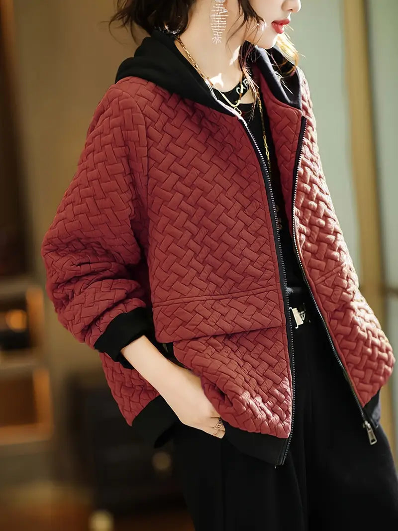 Quilted zip-up basketweave pattern hoodie for women | Selara -6