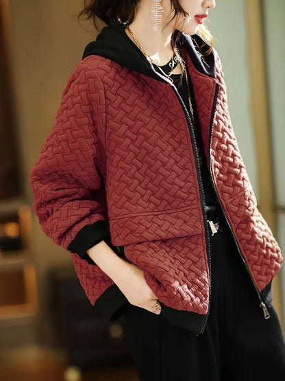 Quilted zip-up basketweave pattern hoodie for women | Selara -6