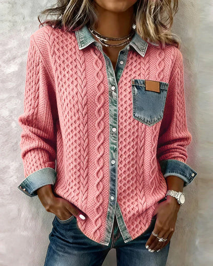 Textured contrasting details pocket chest shirt for women | Solene -2