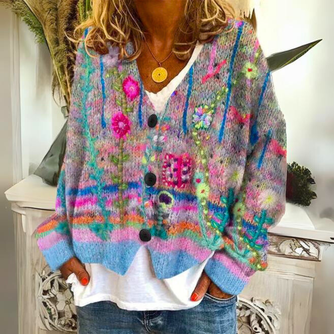 Bohemian multicolor embroidered details cardigan for women | Mireya -1