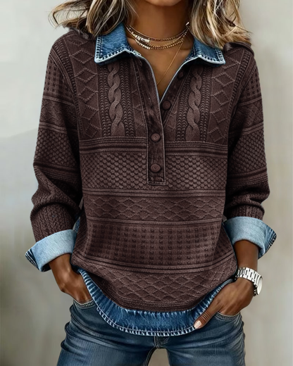 Button denim collar sweatshirt for women | Chic Half -3