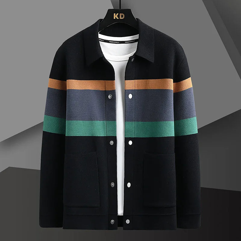Striped varsity knit button-up front jacket for men | Arden -5