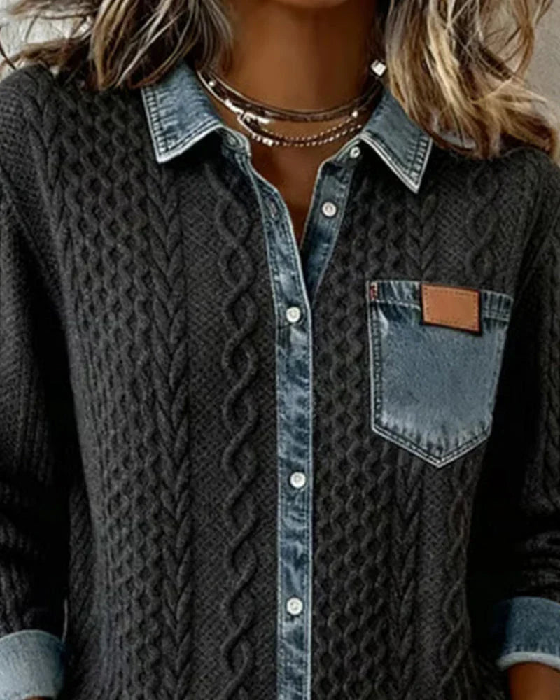 Textured contrasting details pocket chest shirt for women | Solene -6