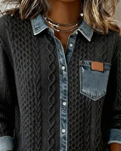 Textured contrasting details pocket chest shirt for women | Solene -6