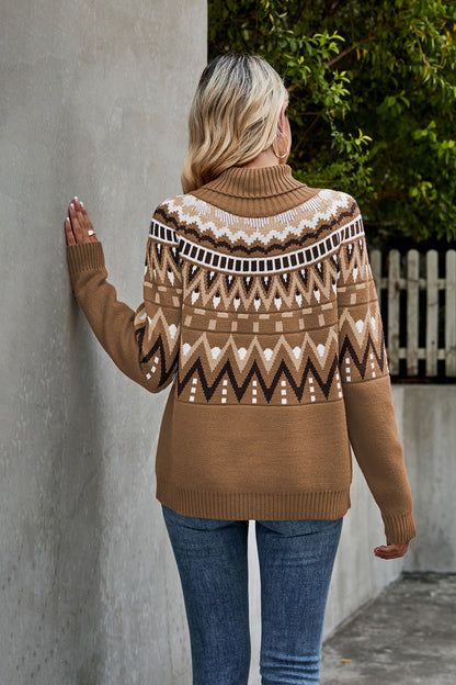 Turtleneck knit pattern geometric winter sweater for women -4