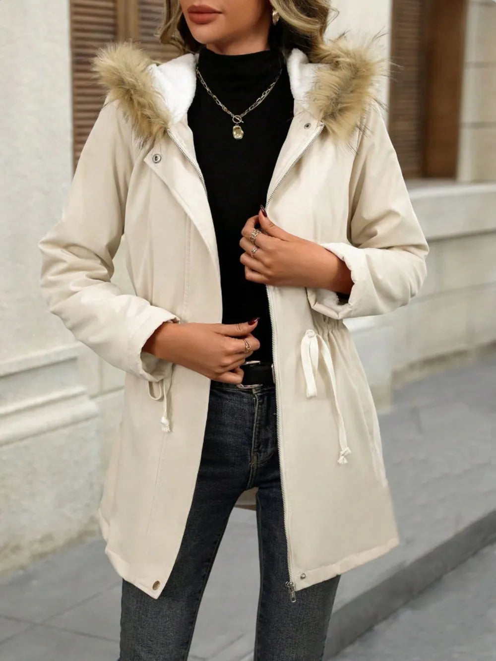 Winter parka hooded drawstring coat for women -1