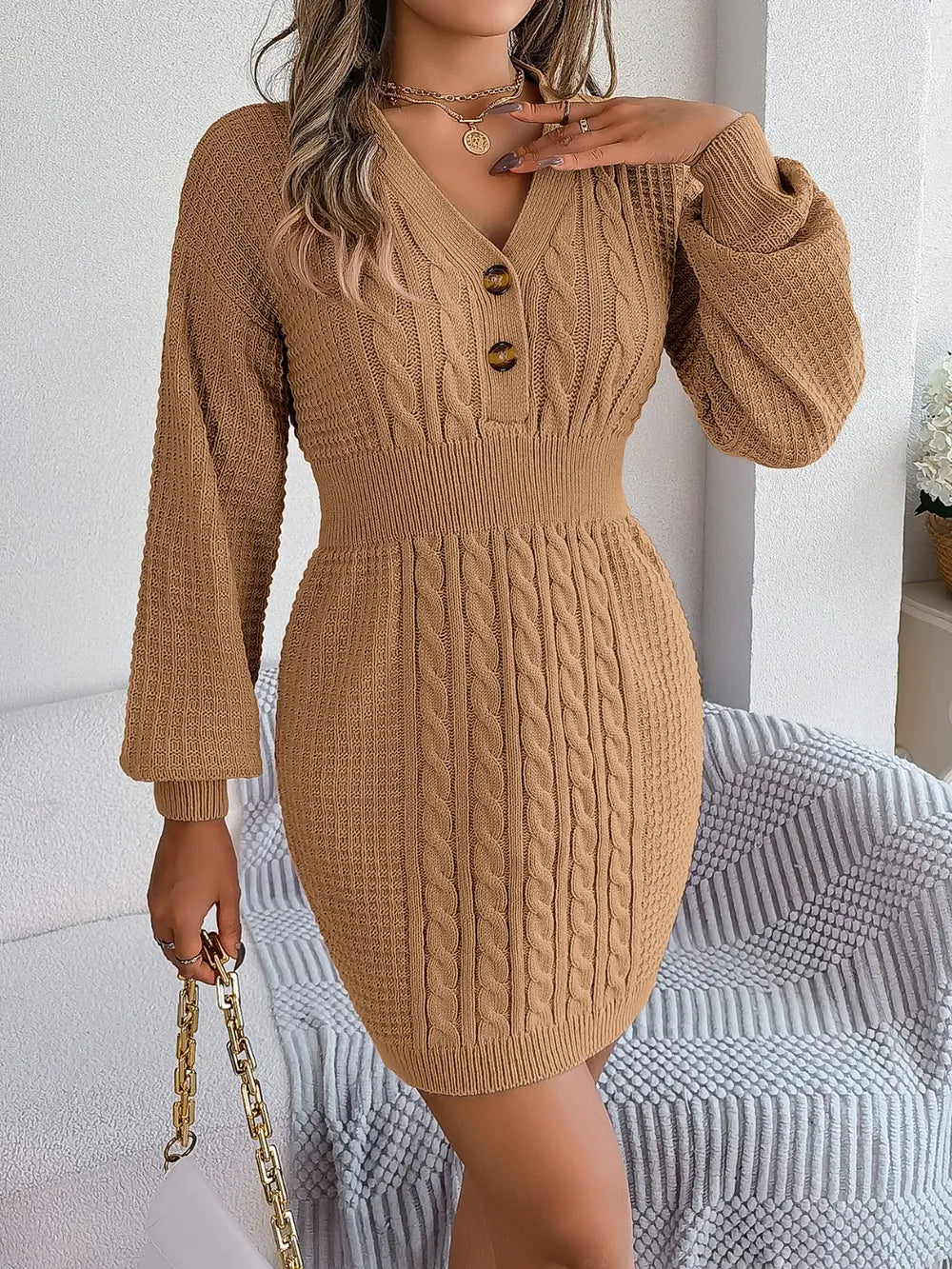 Winter knit sweater V-neck buttoned dress for women -17