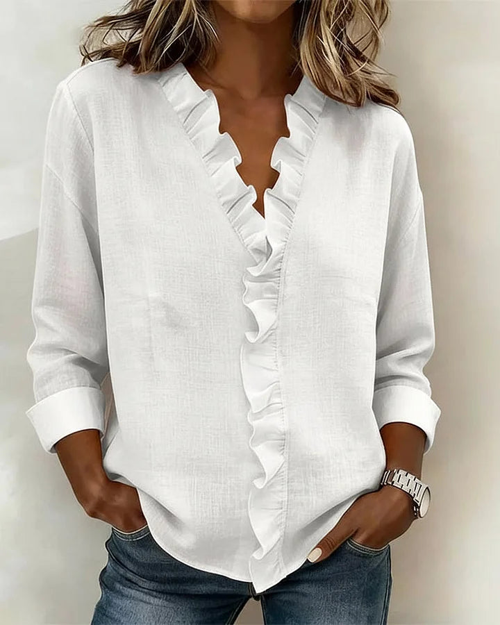 Ruffled V-neck long sleeves blouse for women | Elowen -2