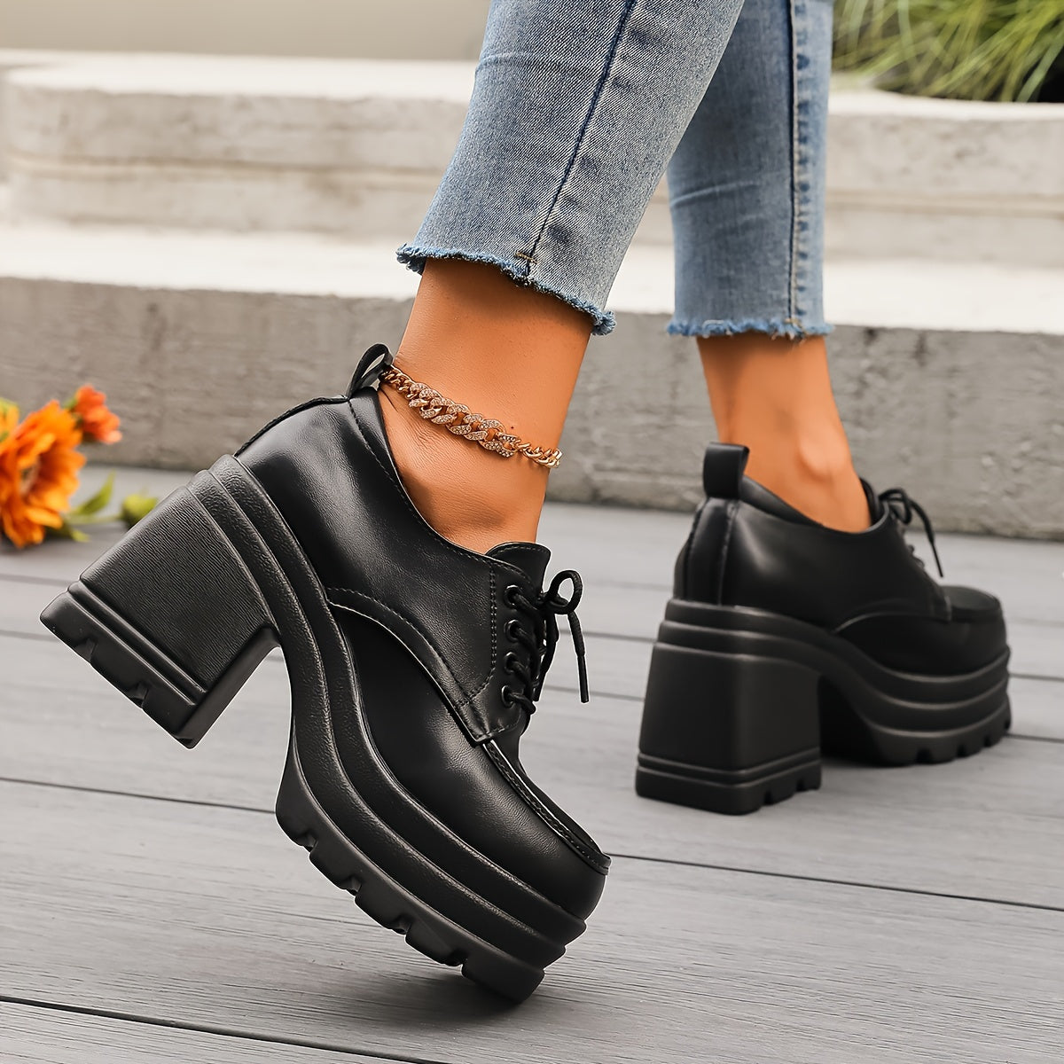 Chunky platform lace-up block heel oxfords for women | Selby -5