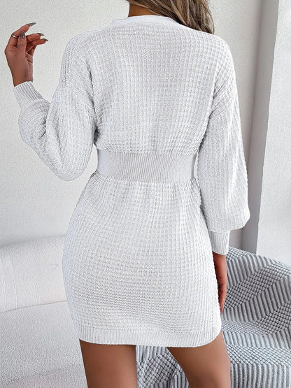 Winter knit sweater V-neck buttoned dress for women -8
