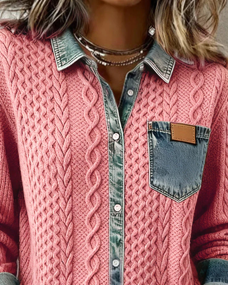 Textured contrasting details pocket chest shirt for women | Solene -7