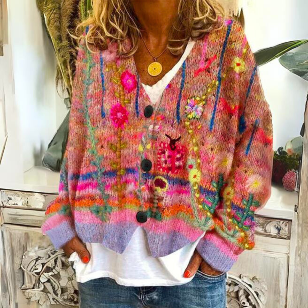 Bohemian multicolor embroidered details cardigan for women | Mireya -3