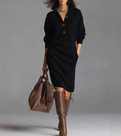 Warm knit high-collar pockets dress for women | Carmen -1