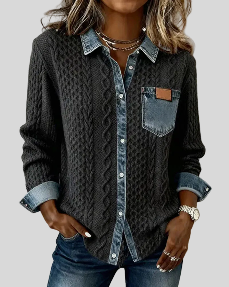 Textured contrasting details pocket chest shirt for women | Solene -1