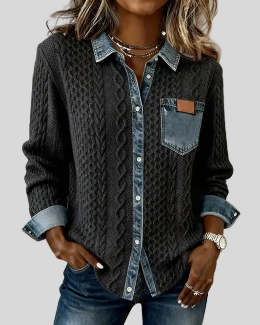Textured contrasting details pocket chest shirt for women | Solene -1