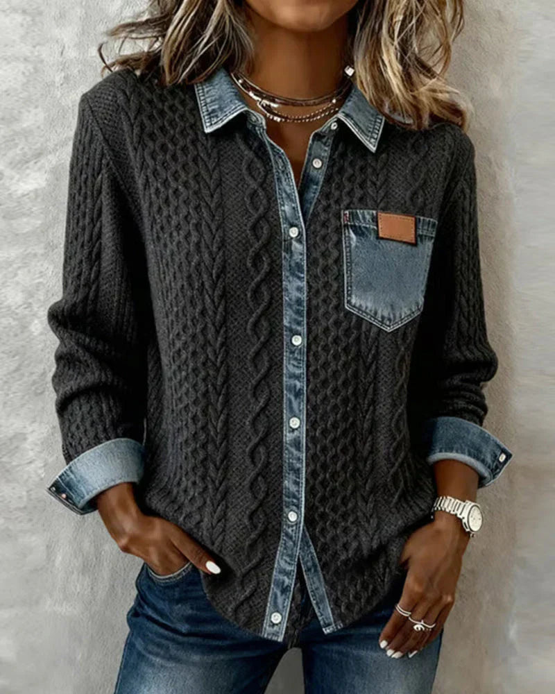 Textured contrasting details pocket chest shirt for women | Solene -13