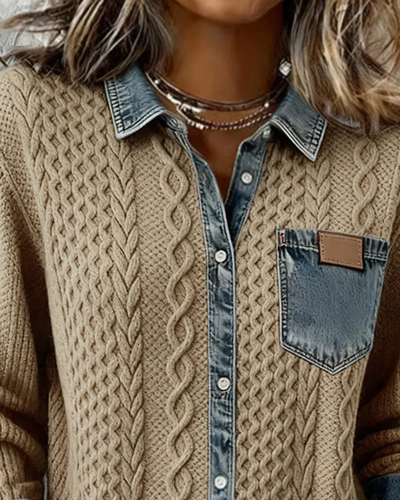 Textured contrasting details pocket chest shirt for women | Solene -10