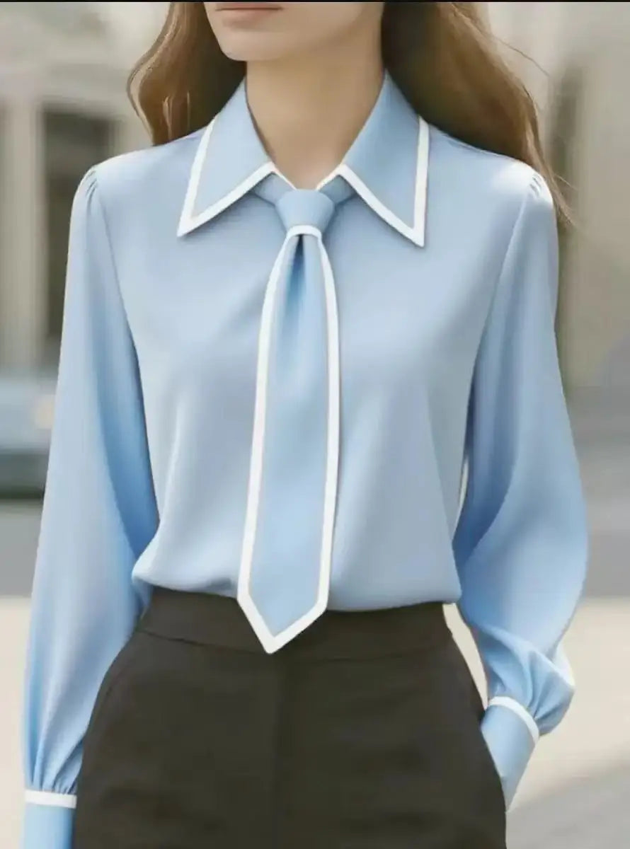 Contrast tie oversized collar blouse for women | Selina -4