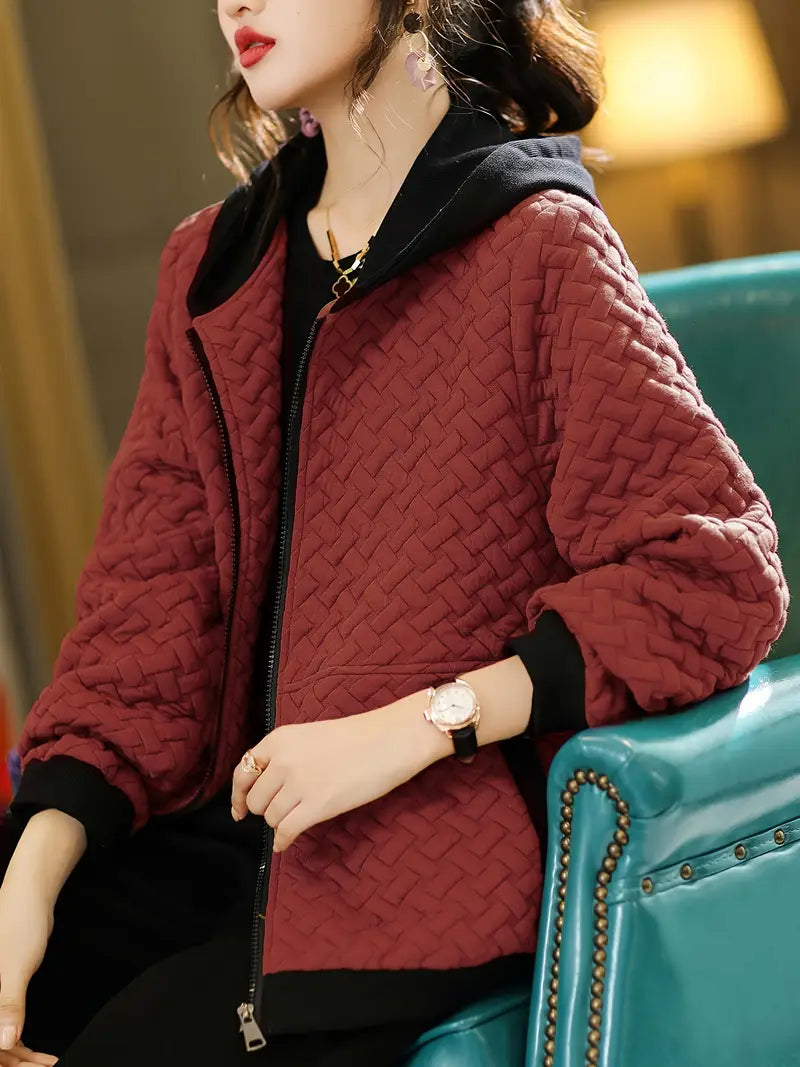 Quilted zip-up basketweave pattern hoodie for women | Selara -7