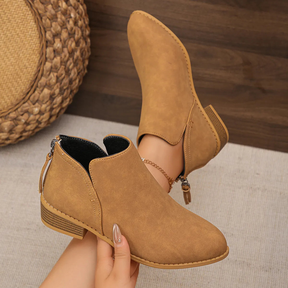 Ankle heel bas slip-on leather boots for women | Aurielle -15