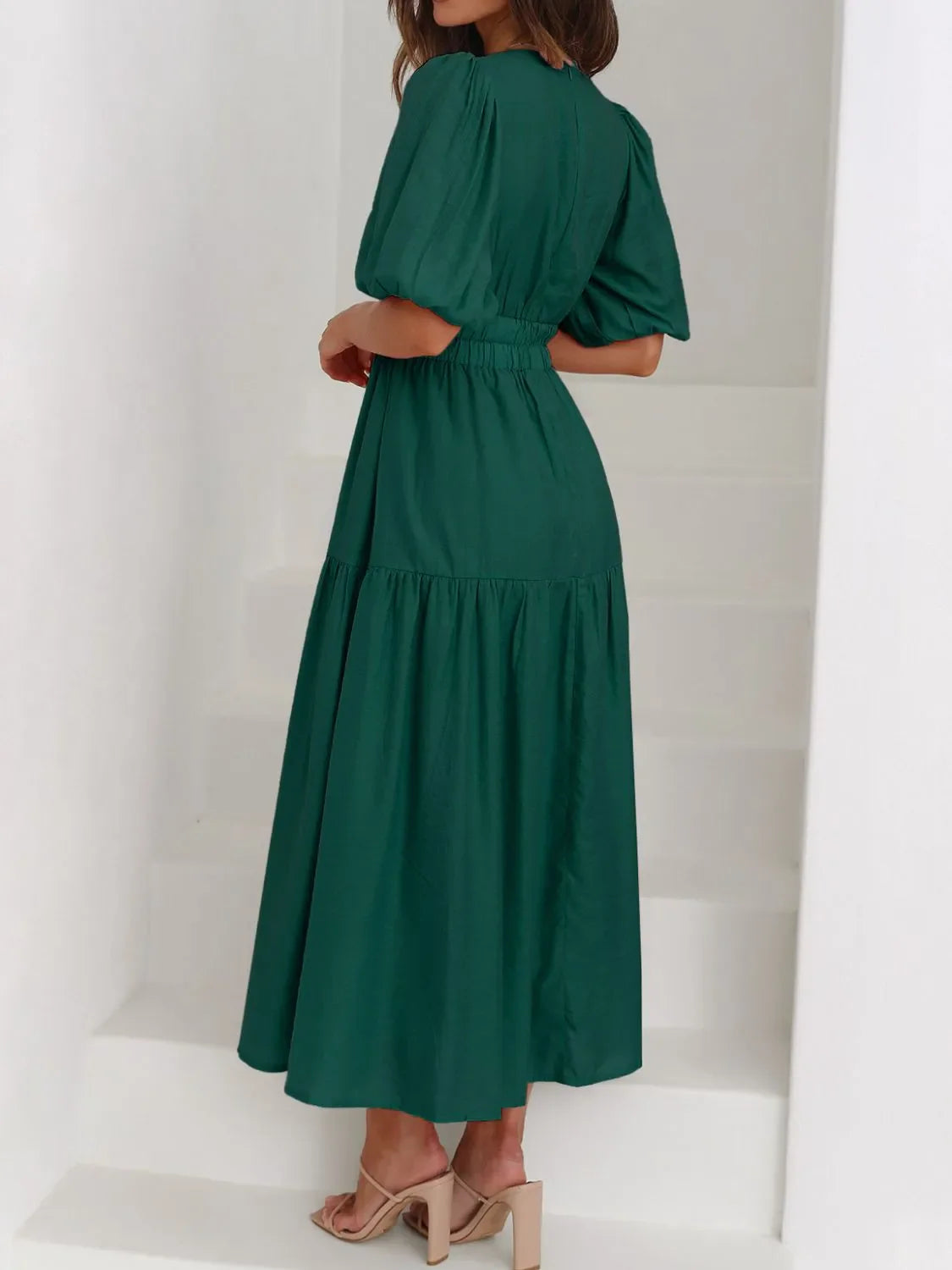 Maxi gathered autumn short-sleeve V-neck dress for women -23