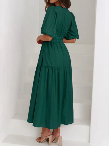 Maxi gathered autumn short-sleeve V-neck dress for women -23