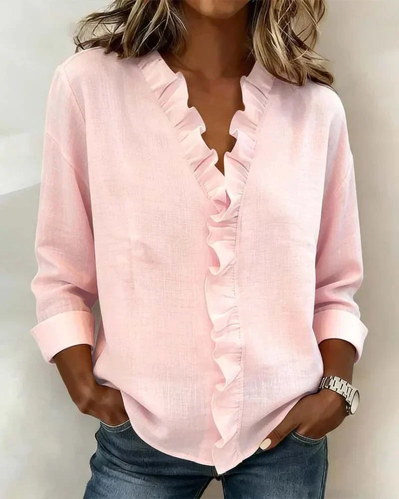 Ruffled V-neck long sleeves blouse for women | Elowen -1