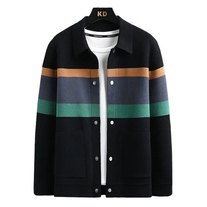 Striped varsity knit button-up front jacket for men | Arden -6