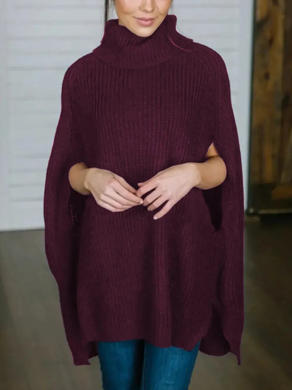 Poncho knit high collar sweater for women | Calixtine -1