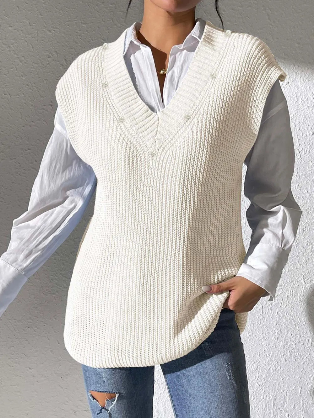 Knit sweater sleeveless V-neck vest for women -10