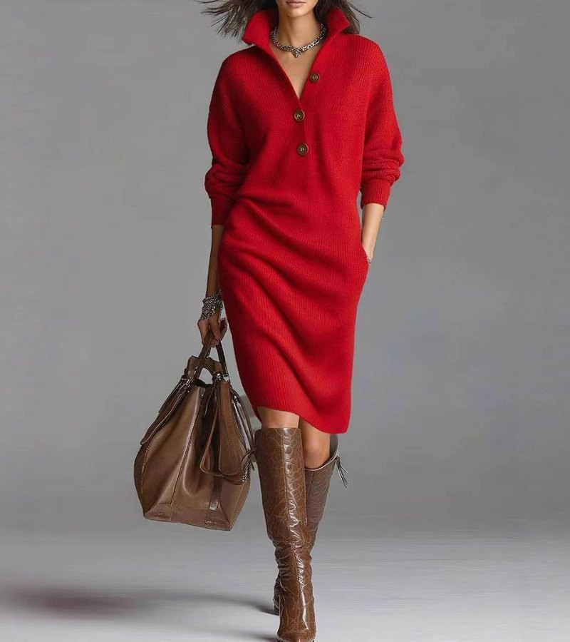 Warm knit high-collar pockets dress for women | Carmen -4
