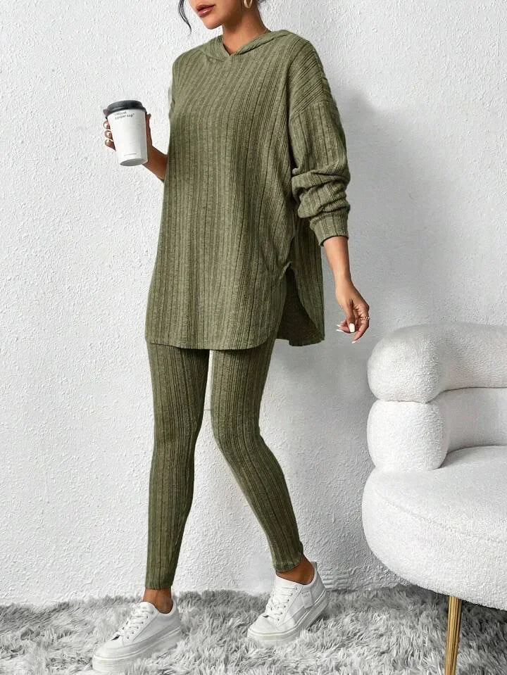 Ribbed knit lounge oversized hooded set for women | Lyra -6