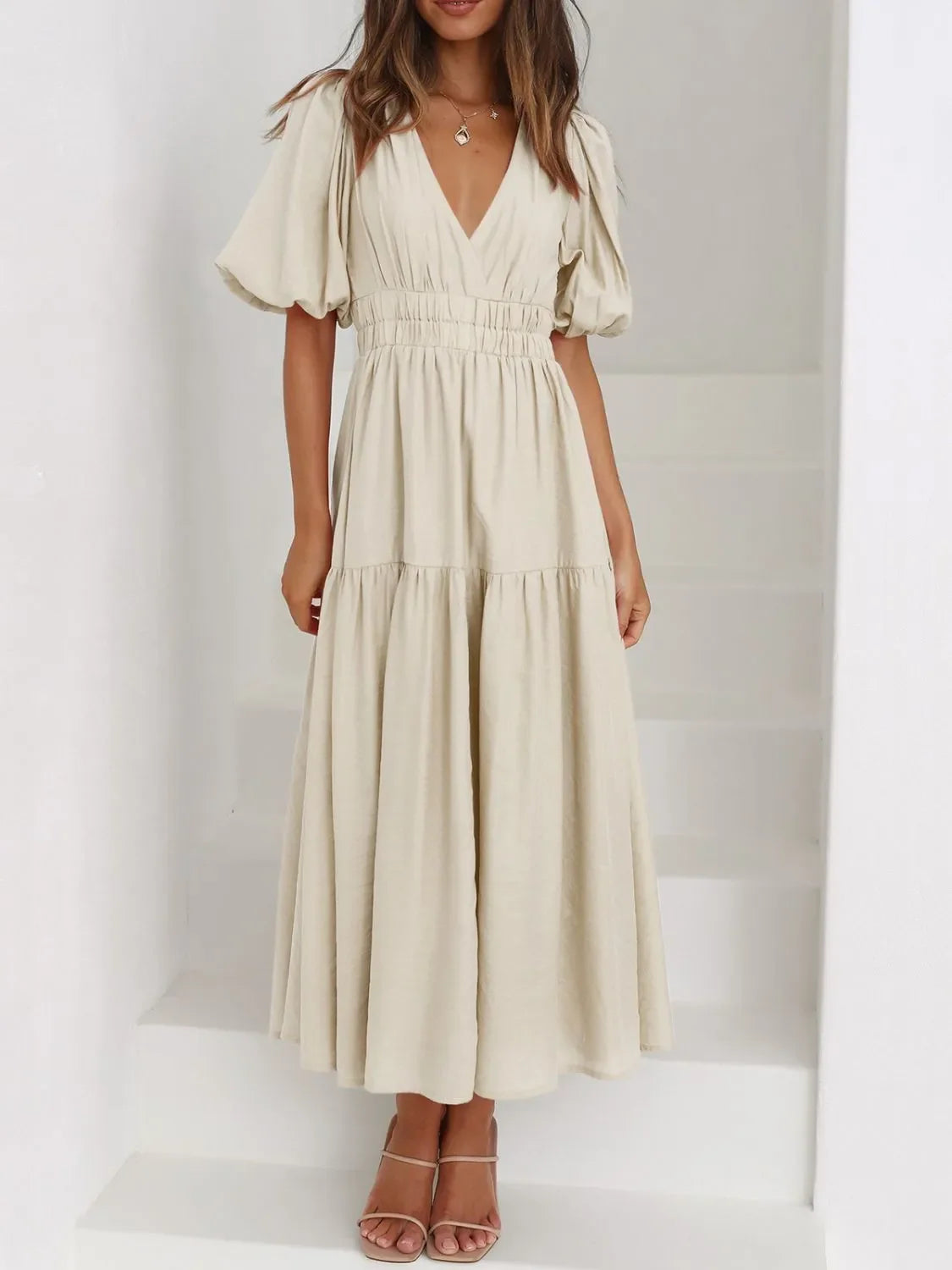 Maxi gathered autumn short-sleeve V-neck dress for women -10