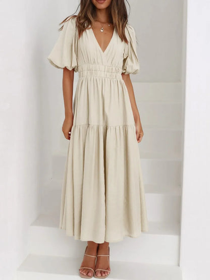 Maxi gathered autumn short-sleeve V-neck dress for women -10