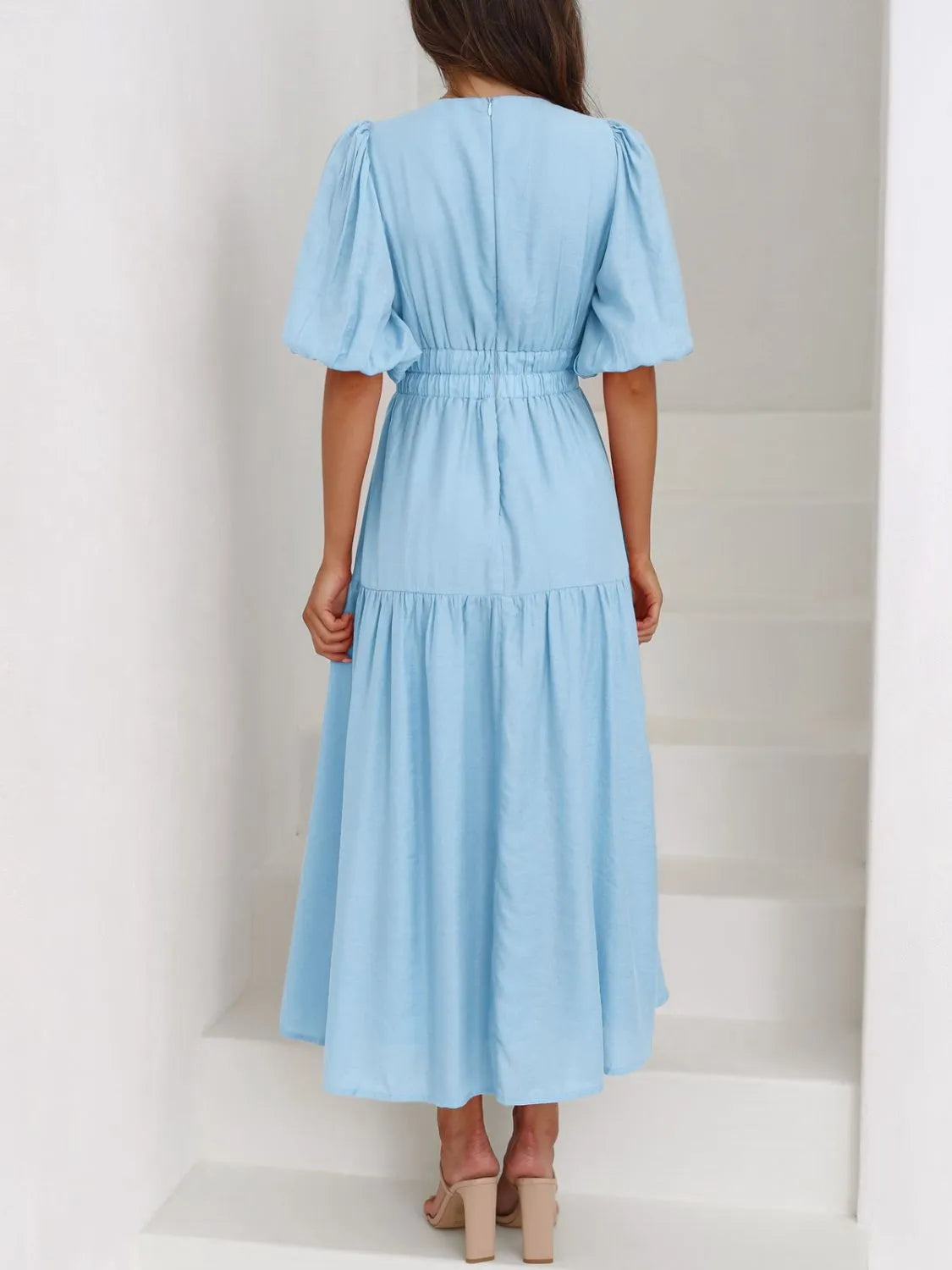 Maxi gathered autumn short-sleeve V-neck dress for women -4