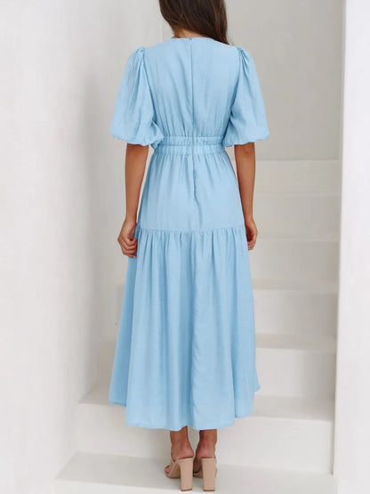Maxi gathered autumn short-sleeve V-neck dress for women -4
