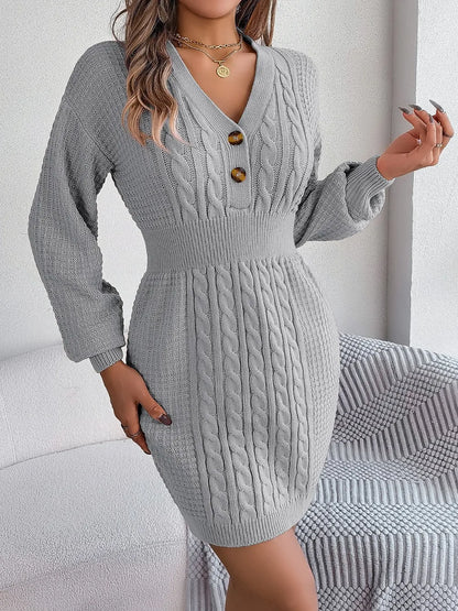 Winter knit sweater V-neck buttoned dress for women -1