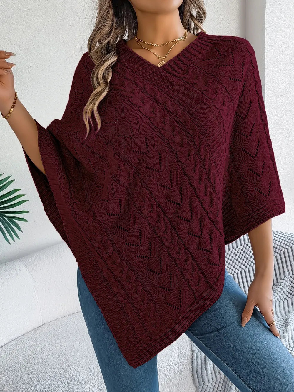 Poncho knit top cable-knit sweater for women -16
