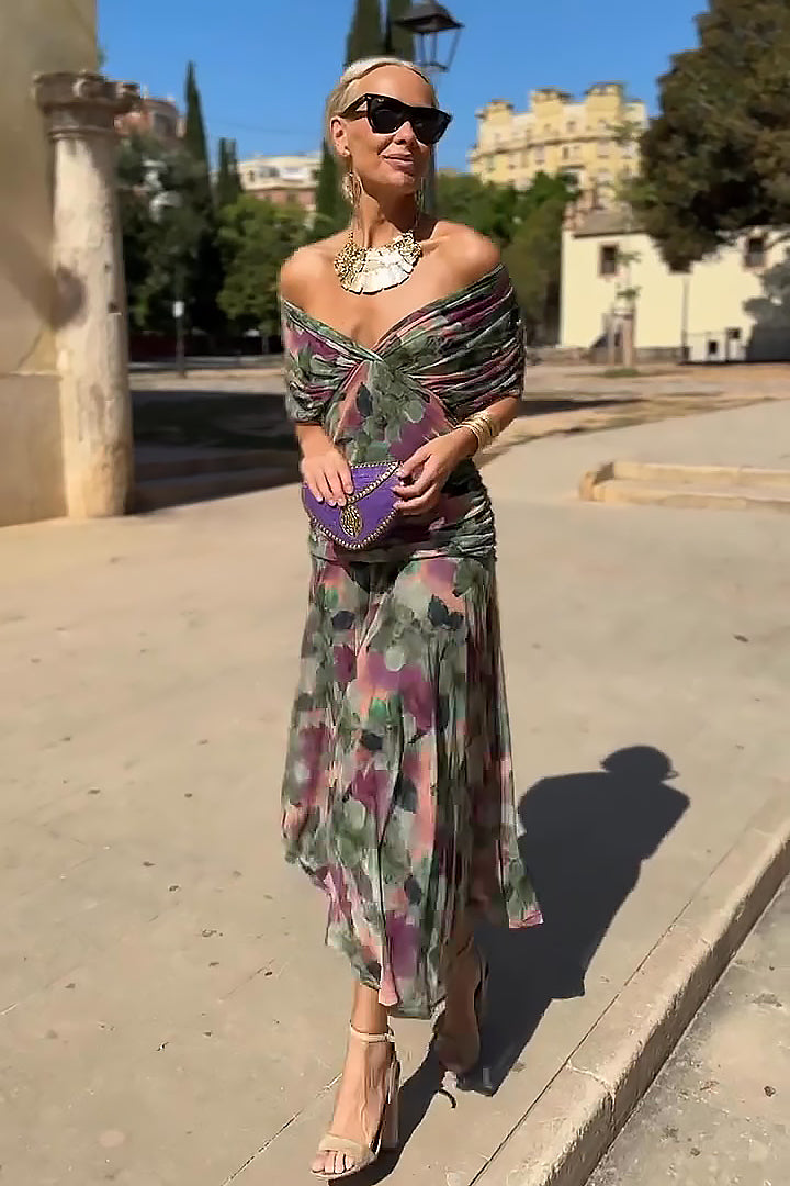 Floral V-neck pleated party maxi dress for women | Seraphina -1