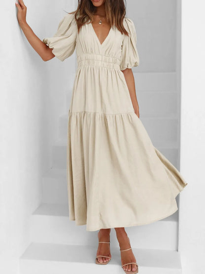 Maxi gathered autumn short-sleeve V-neck dress for women -11