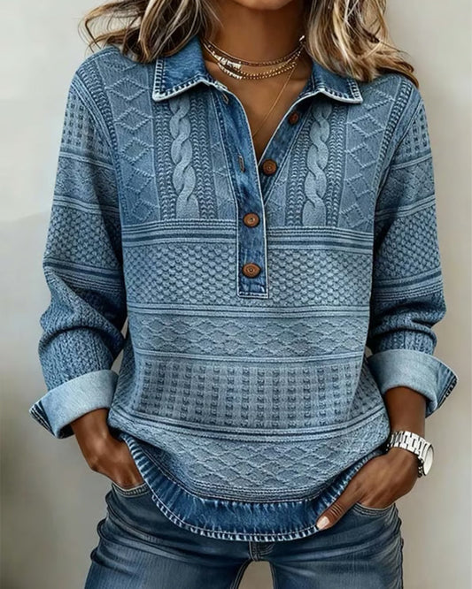 Button denim collar sweatshirt for women | Chic Half -1