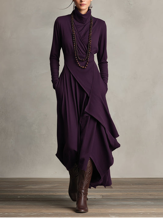Bohemian draped maxi dress turtleneck for women | Elowen -1