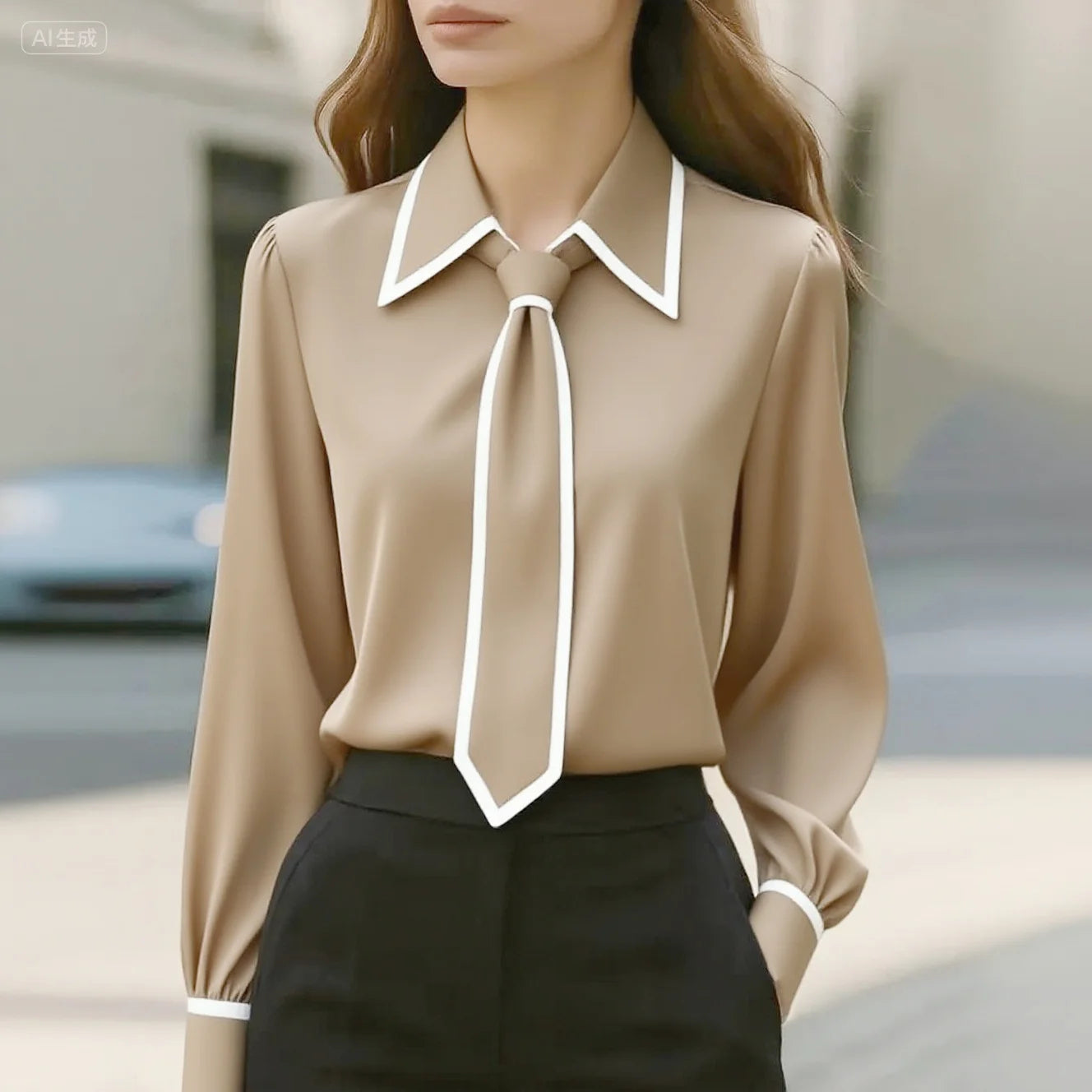 Contrast tie oversized collar blouse for women | Selina -2