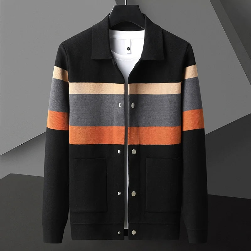 Striped varsity knit button-up front jacket for men | Arden -4