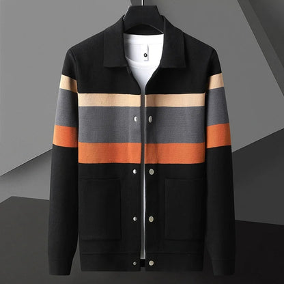 Striped varsity knit button-up front jacket for men | Arden -4