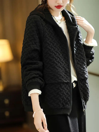 Quilted zip-up basketweave pattern hoodie for women | Selara -10