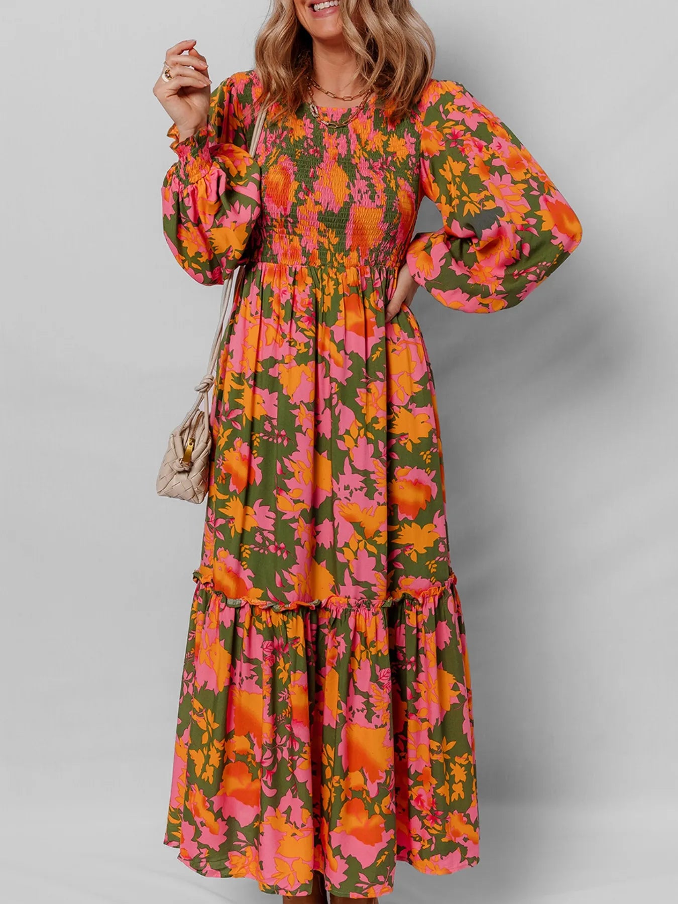 Maxi smocks autumn floral long-sleeve dress for women -1